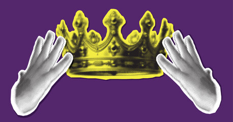 Halftone vector cut out hands holding a crown trendy illustration