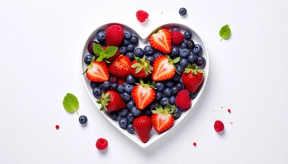 Heart-shaped fruit platter, strawberries and blueberries, white background, fresh bright look