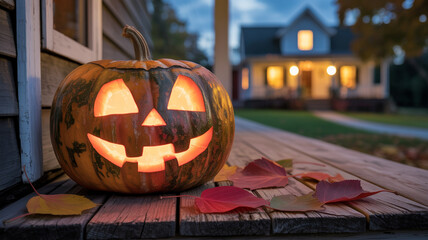 Jack-o'-lantern sits on porch with house lights in background during fall evening
