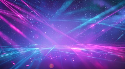 Obraz na płótnie Canvas Dynamic background with colorful laser beams and falling confetti. Vibrant party scene showing crossing neon light effects and sparkling glitter