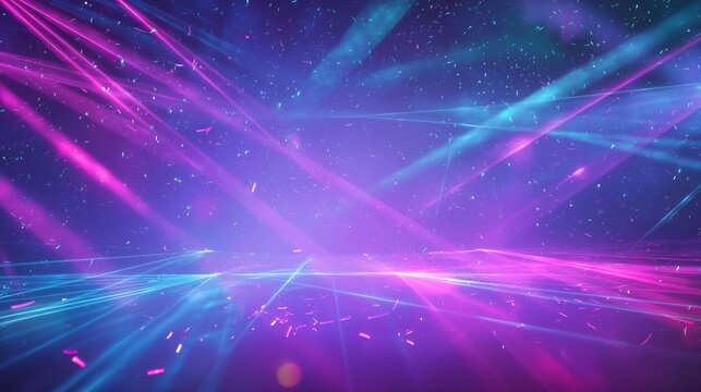 Dynamic background with colorful laser beams and falling confetti. Vibrant party scene showing crossing neon light effects and sparkling glitter