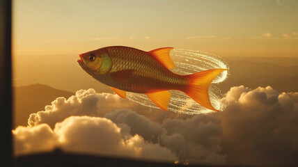 Fish swims in clouds during sunset over a mountain landscape