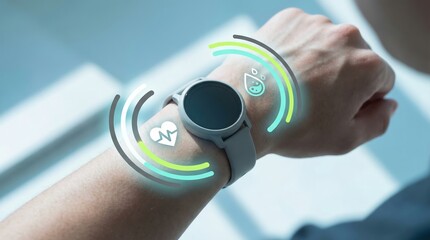 A close-up of a wrist wearing a modern smartwatch. The device displays health metrics like heart rate and hydration levels. The background is blurred.