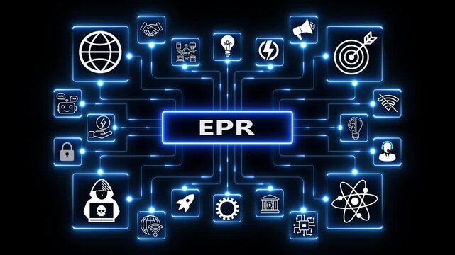 EPR system network animation with connected technology icons, glowing data nodes and enterprise digital workflow visualization on dark background
