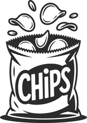 Potato Chips Bag Line Art Illustration, Crispy Snack Food Vector.