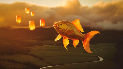 Flying fish with lanterns in a sunset sky over a river landscape