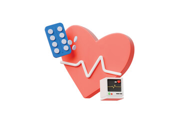 3d heart beat icon. healthcare concept. minimal cartoon cardiology ecg medicine for medical app. isolated on white transparent background. 3d render.