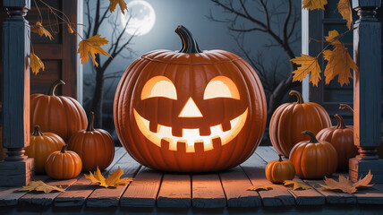 Glowing pumpkin sits on porch with several pumpkins and fallen leaves under a full moon at night during Halloween