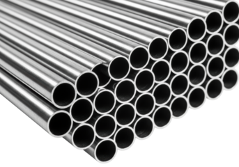 extreme close-up macro of stacked, mirror-finish stainless steel tubing with ultra-sharp open ends and specular highlights on a transparent background. concept of industrial material purity
