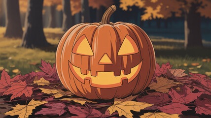 Carved pumpkin on colorful leaves during autumn season in a forest setting