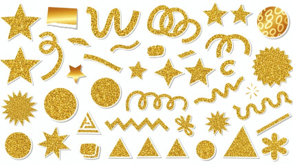 A collection of gold glittery shapes and symbols on a white background