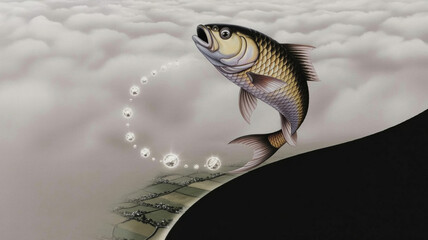 Fish leaps above clouds in a surreal landscape during a cloudy day