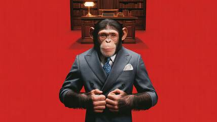 Monkey in a suit standing in front of a desk with books and a red background during a studio setup