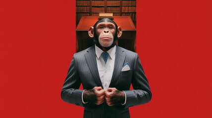 Monkey dressed in suit stands confidently against a red background in a library setting with bookshelves