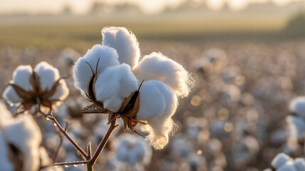 Cotton plants grow in a field during morning light with many white blooms visible across the landscape