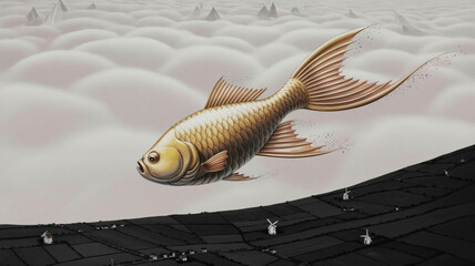 Goldfish swims through clouds above a landscape with windmills and hills during a clear day