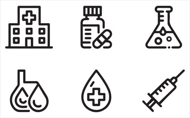 Medical and Healthcare Icon Set with Hospital, Medicine, Laboratory Flask, and Syringe Graphics