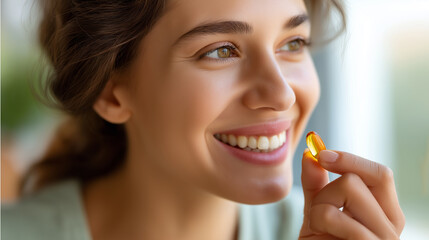 Diet nutrition healthy eating lifestyle, close-up happy smiling woman, taking pill cod liver oil, omega-3 morning visualization, vitamin D E A fish oil capsules representation, wit