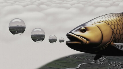 Large fish swims above a landscape with clouds while thinking of bubbles and a river below