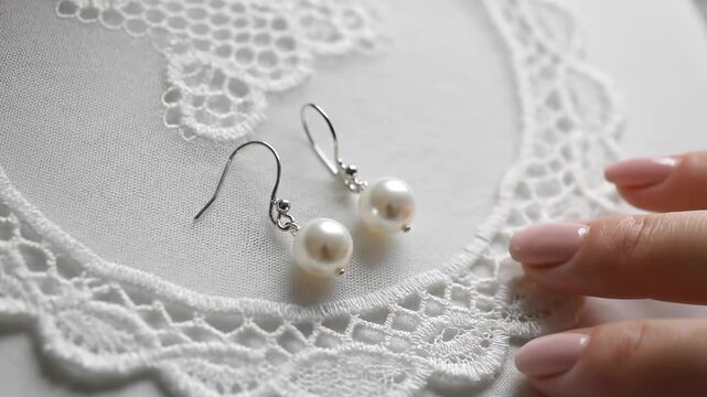 Elegant White Pearl Earrings on a Delicate Lace Background with a Womans Hand.