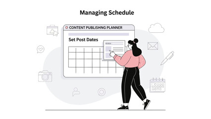 Woman managing content publishing planner, setting post dates on calendar schedule