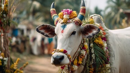 A decorated white ox with colorful horns and floral garlands at a cultural celebration