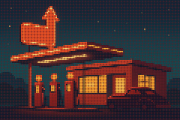 Vintage 1950s Gas Station Illustration with Glowing Shapes and Halftone Retro Style