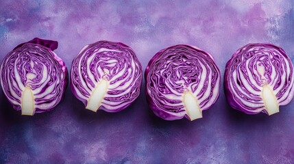 Four sliced purple cabbages on a dark background showcase the natural beauty of vegetables, serving as a vibrant backdrop for food blogs and healthy eating advertisements.