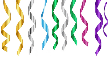 Set of colorful curly party streamers and festive ribbons on transparent background for celebration events