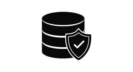 A stark black graphic depicting a database cylinder with a protective shield overlay a simple silhouette