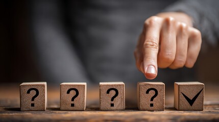 A hand pointing at a correct answer from a row of question mark blocks