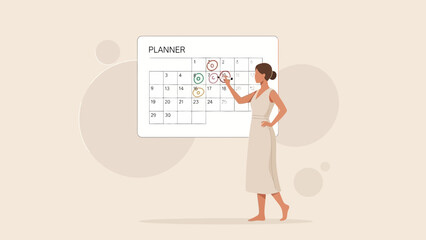 Woman planning dates on calendar, marking appointments, scheduling events, time management concept.