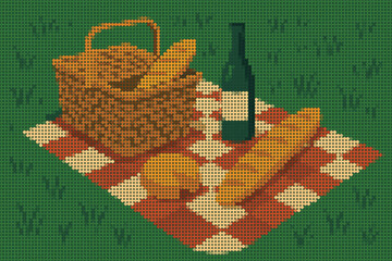 Picnic Arrangement with Checkered Cloth and Basket on Grass Halftone Illustration