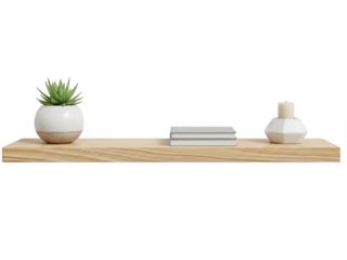 Wooden shelf with decorative items isolated on transparent background