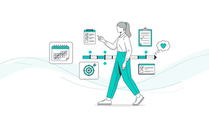 Woman Planning Life Goals and Schedule with Timeline, Calendar, and Checklist