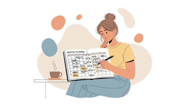 Woman Planning Monthly Schedule Calendar Organizer Book with Coffee - Powered by Adobe