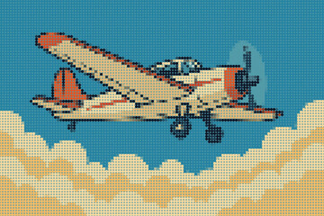 Vintage Propeller Plane Flying Above Stylized Clouds in Halftone Illustration Style