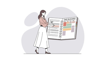 Woman planning time blocking with schedule, task list and calendar