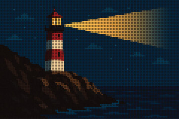 Lighthouse on Rocky Cliff with Sweeping Light Beam Halftone Decorative Illustration