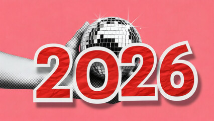 Vibrant 2026 New Year's Eve celebration with shiny disco ball