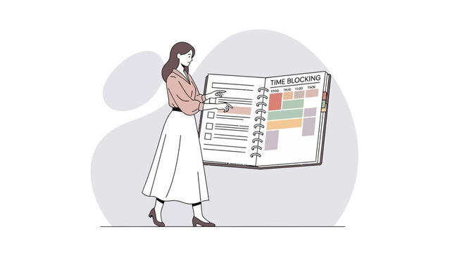 Woman planning time blocking with schedule, task list and calendar