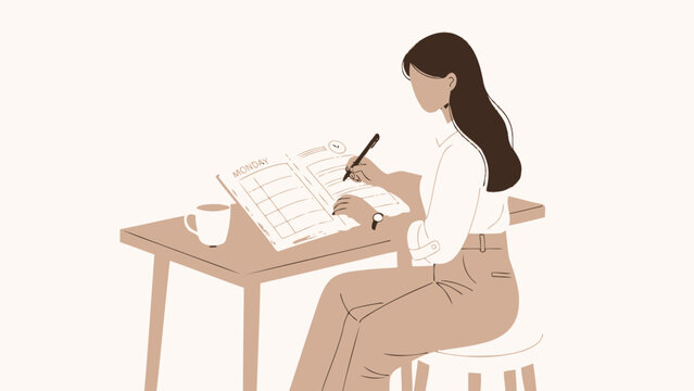 Woman planning week in planner, writing notes, coffee cup and watch on desk, illustration - Powered by Adobe