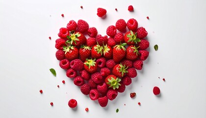 Strawberry and raspberry flat lay, heart composition, natural light, clean food photography