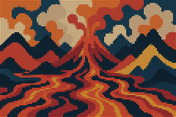 Abstract Halftone Illustration of Volcanic Landscape with Lava Flows and Smoke
