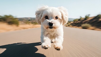 Adorable small white dog running on road with joyful expression