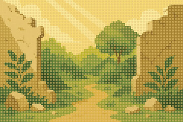Lush Hidden Garden within Broken Ruins with Sunlight Beams Halftone Illustration