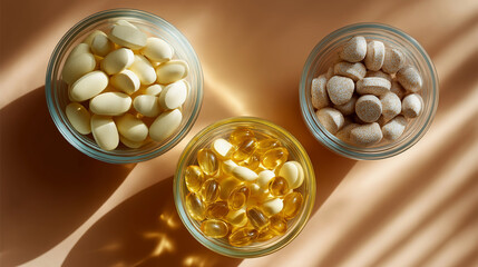 Creative pattern capsules display, light beige top view hard shadows, taking supplements visualization, pharmaceutical arrangement concept, health wellness representation, medicati