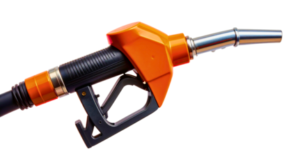Modern orange and silver fuel nozzle with black grip and hose detail isolated on transparent background