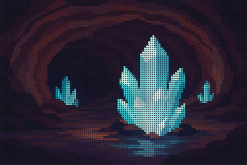 Cave Interior with Glowing Crystals and Rock Layers Halftone Decorative Illustration