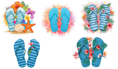 Colorful beach flip flops with tropical decorations, transparent background
